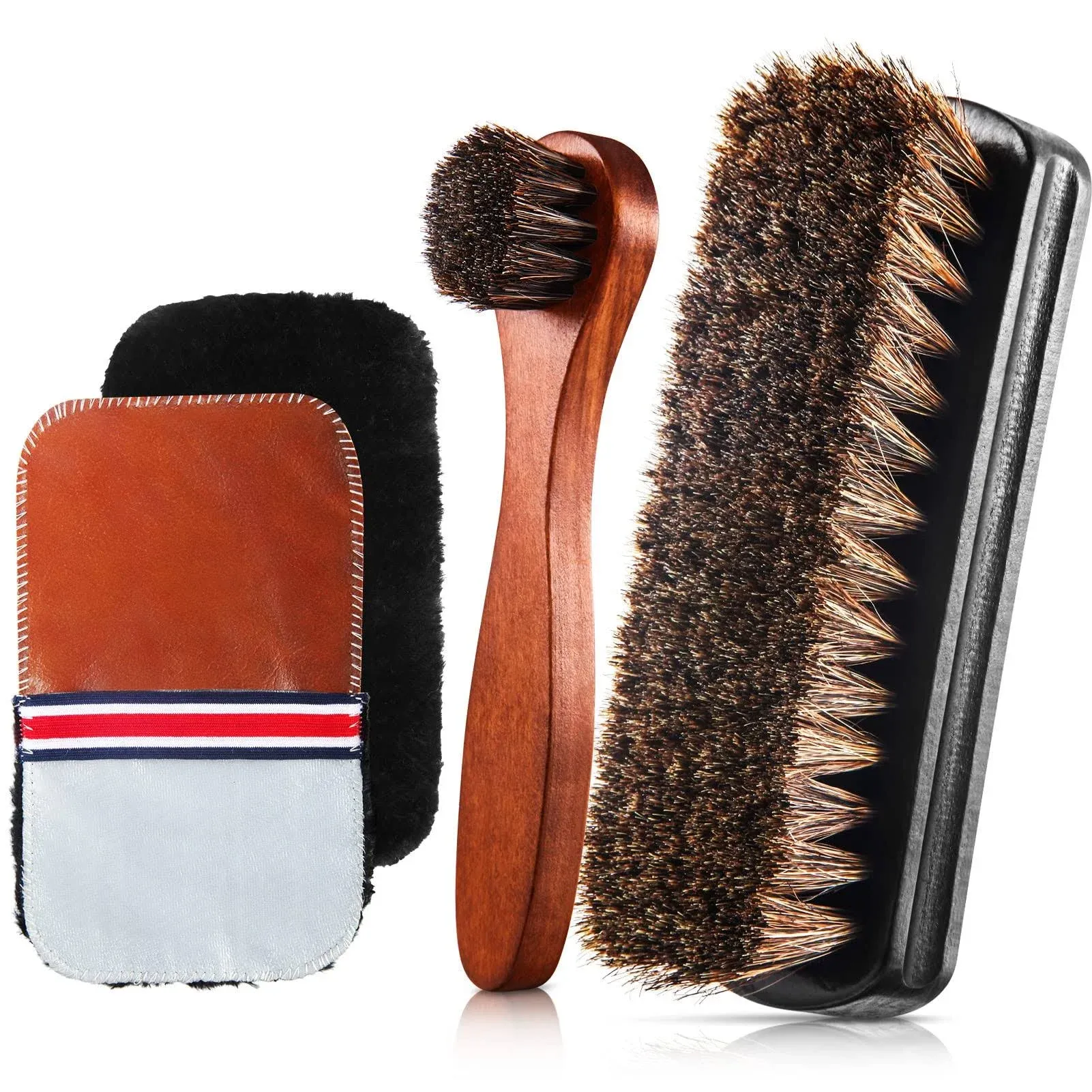 ZJoey 4 Pcs Horsehair Shine Shoes Brush Kit Polish Dauber Applicators Cleaning Leather Shoes Boots Care Brushes Suede Cleaner Brush with Microfiber Shoe