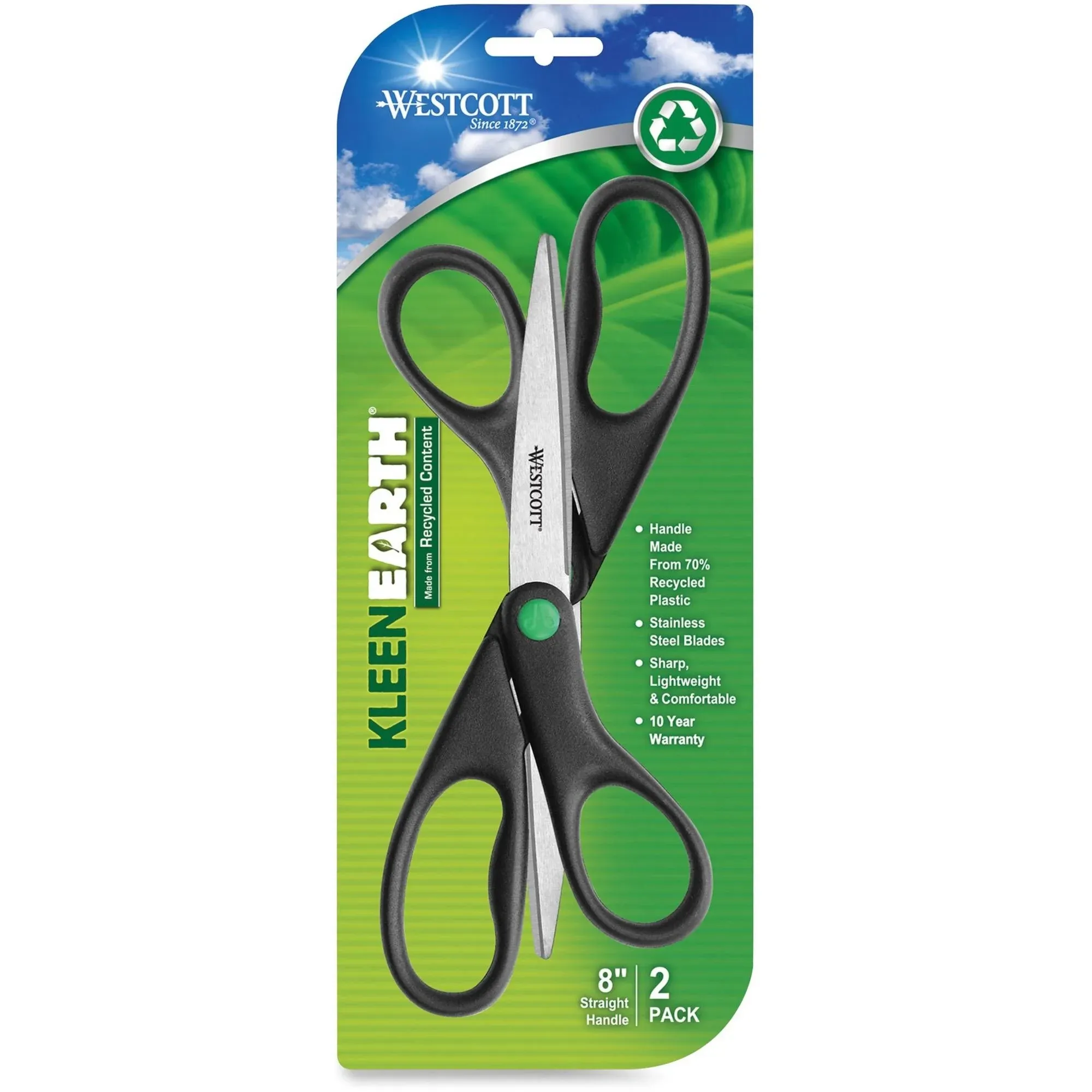 Westcott KleenEarth Recycled Stainless Steel Scissors, 8&#034; Straight, Black