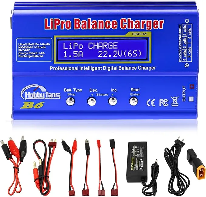 Hobby Fans B6 Mini Professional Balance Charger/Discharger with Power Supply for 1S-6S Lipo Lilon Life NiCd NiMH PB RC Battery