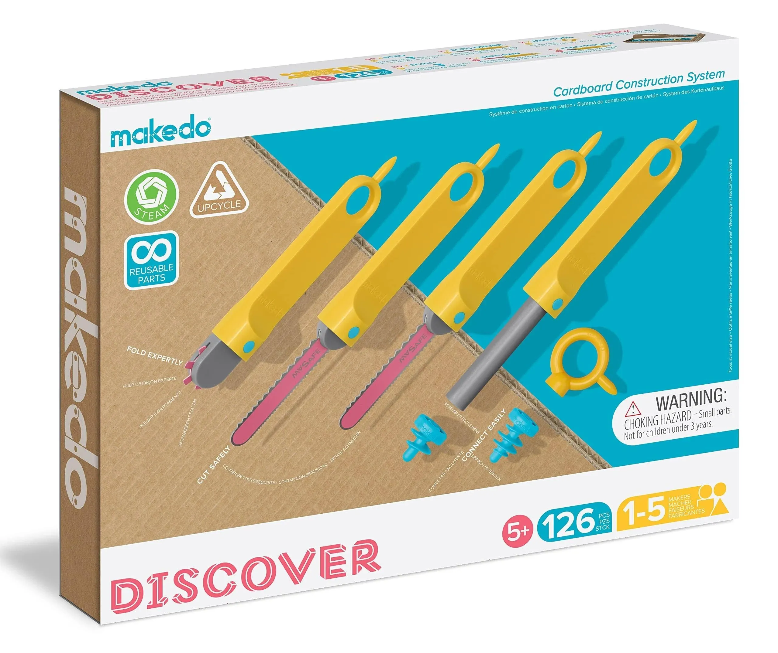 Makedo Explore | Upcycled Cardboard Construction Toolkit in Small Toolbox (50 Pieces) | STEM + STEAM Educational Toys for at Home Play + Classroom Learning | Reusable Tools for Boys and Girls Age 5+