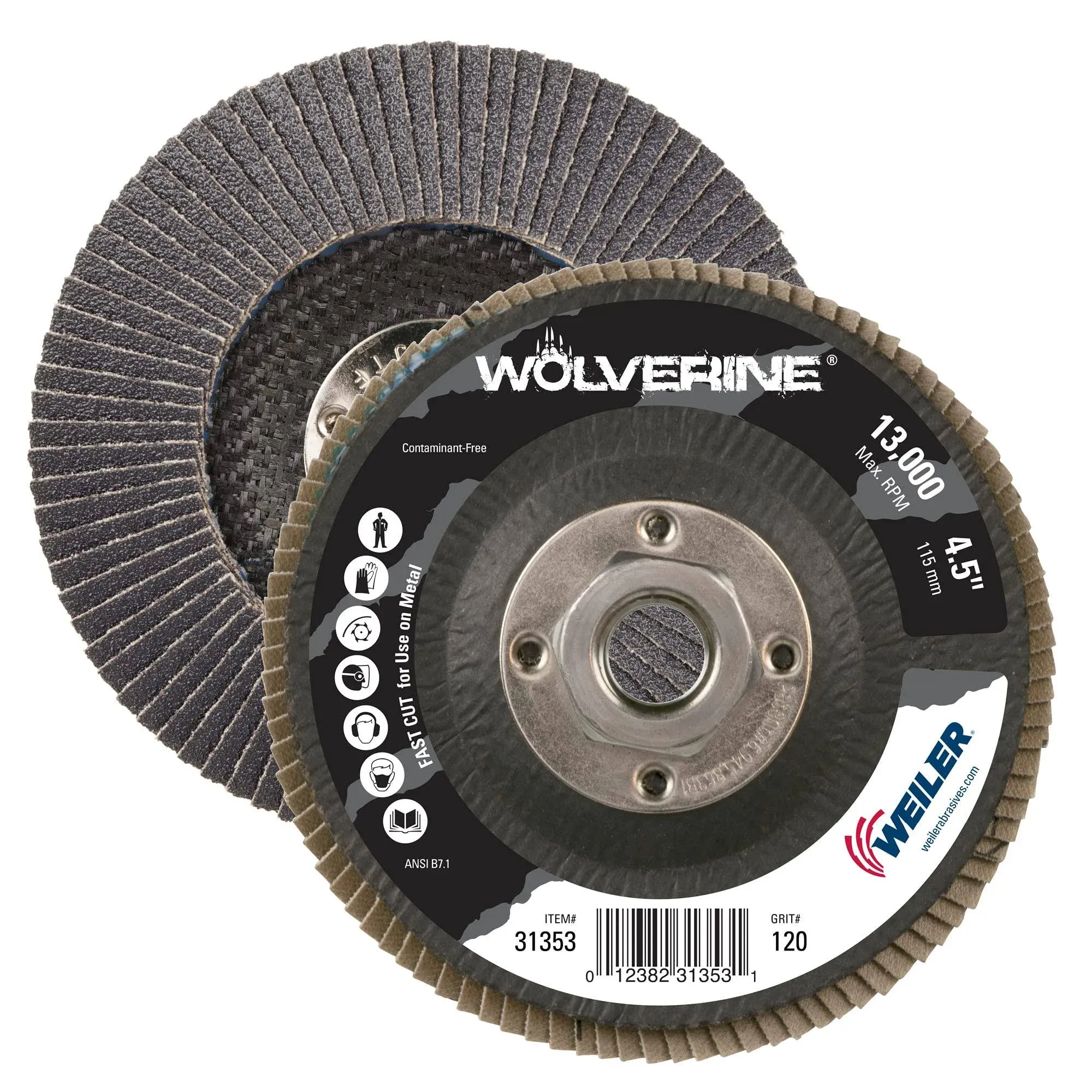 Weiler 31353 Wolverine 4-1/2" x 5/8"-11 UNC NUT Abrasive Flap Disc, 120 Grit Zirconia Alumina, Bevel Type 29, Phenolic Backing, Standard Density (Pack Of 10)