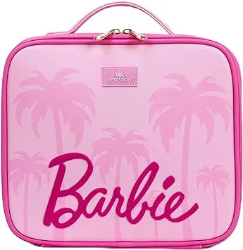 Impressions Vanity Barbie Handheld Travel Cosmetic Bag for Girls, Faux Leather Makeup Organizer Case with Removable Dividers, Brush Holder, Golden Zipper, and Pocket Compartments (Pink)