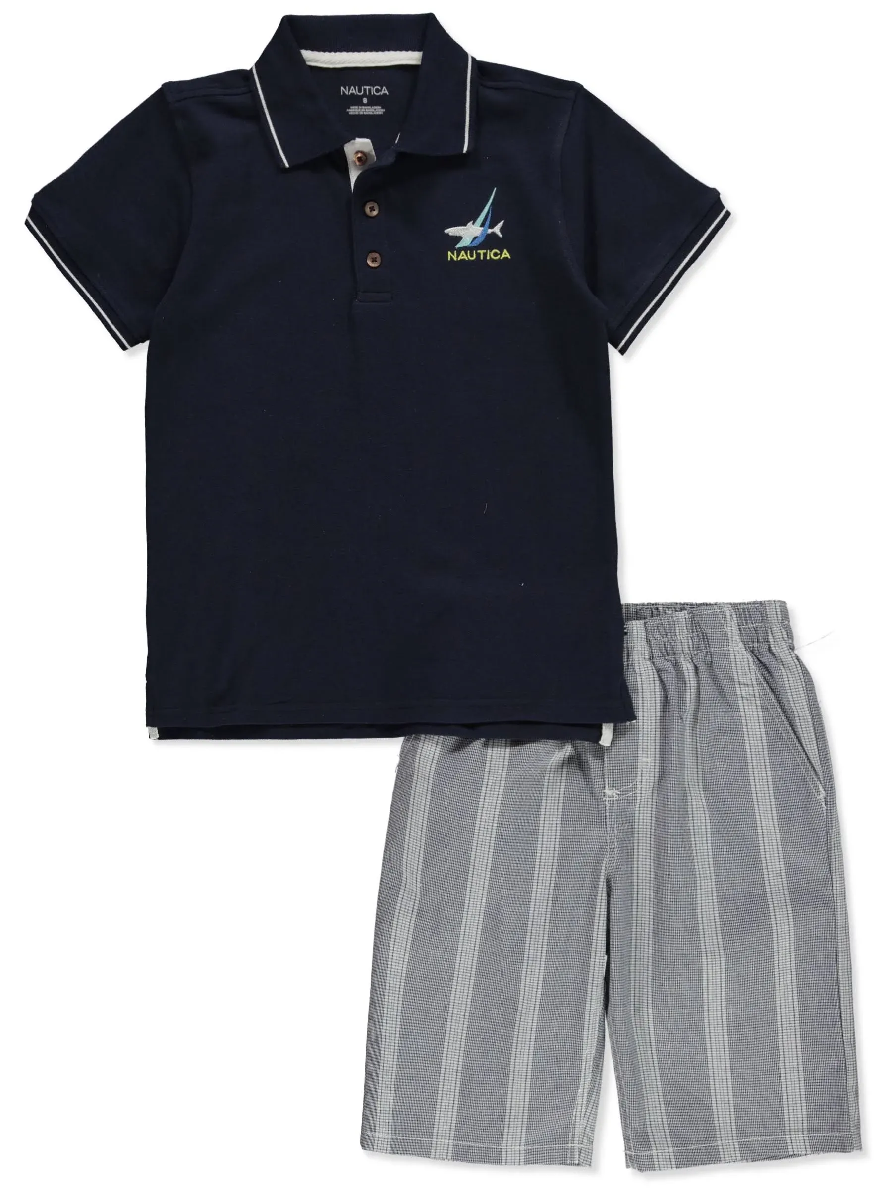 Nautica | Toddler Boys Tipped Pique Polo Shirt and Prewashed Plaid Shorts, 2 Pc Set - Navy, Gray | Realry