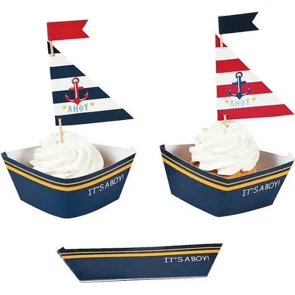 Bulk  100 Pc. Nautical Boy Baby Shower Cupcake Wrappers with Picks