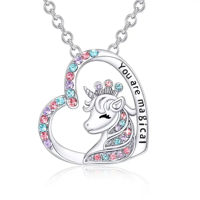 TINGN Unicorn Necklace for Girls 14K Gold/White Gold Plated Colorful CZ Heart Unicorn Necklace for Girls Women