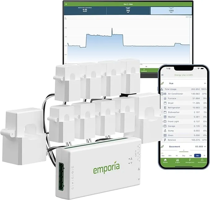 Emporia Gen 3 Smart Home Energy Monitor with 8 50A Circuit Level Sensors | Home Energy Automation and Control | Real Time Electricity Monitor/Meter | Solar/Net Metering