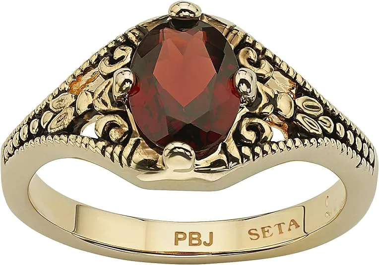 PalmBeach Yellow Gold-plated Antiqued Oval Cut Genuine Red Garnet Vintage Style Ring Sizes 5-10