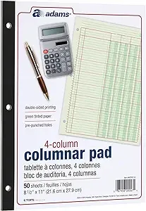 Adams Analysis Pad, 8 1/2in x 11in, 100 Pages (50 Sheets), 4 Columns, Green