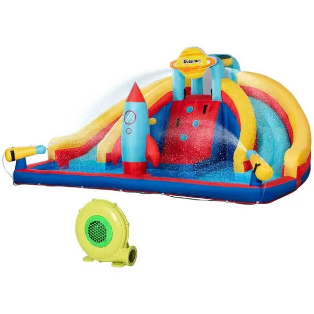 Outsunny 5-in-1 Inflatable Water Slide, Rocket Themed Kids Castle Bounce House with Slide, Pool, Water Cannon, Basket, Climbing Wall Includes Carry