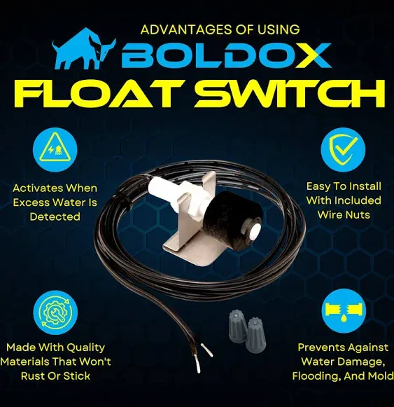 AC Pan Float Switch Wire Nuts Included - BOLDOX Water Leak Detector for Condensate Drain Pans & Air Conditioner Drip Pan - HVAC Safety Switch Flood