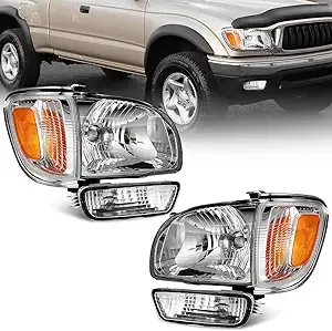 Nilight Headlight Assembly for 2001 2002 2003 2004 Toyota Tacoma Replacement Headlamp Chrome Housing Amber Reflector Driver and Passenger Side