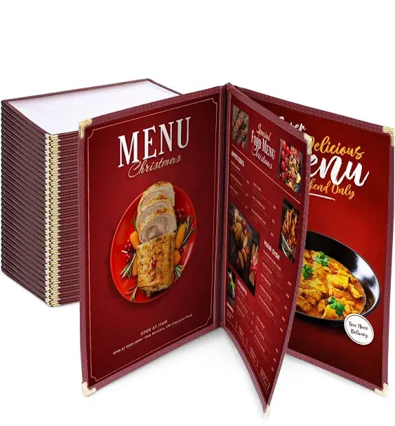 WeChef 30 Pack Restaurant Menu Covers 8.5 x 14 Book Style 3 Pages 6 Views Transparent Restaurant Menu Covers Holder Burgundy