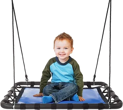 Platform Tree Swing for Kids - Swings for Swing Set, Tree Branch, or Playground - Outdoor Swing with Adjustable Rope - 40x30in Rectangular Swing for Kids Outdoor Activities by Hey Play (Blue/Black)