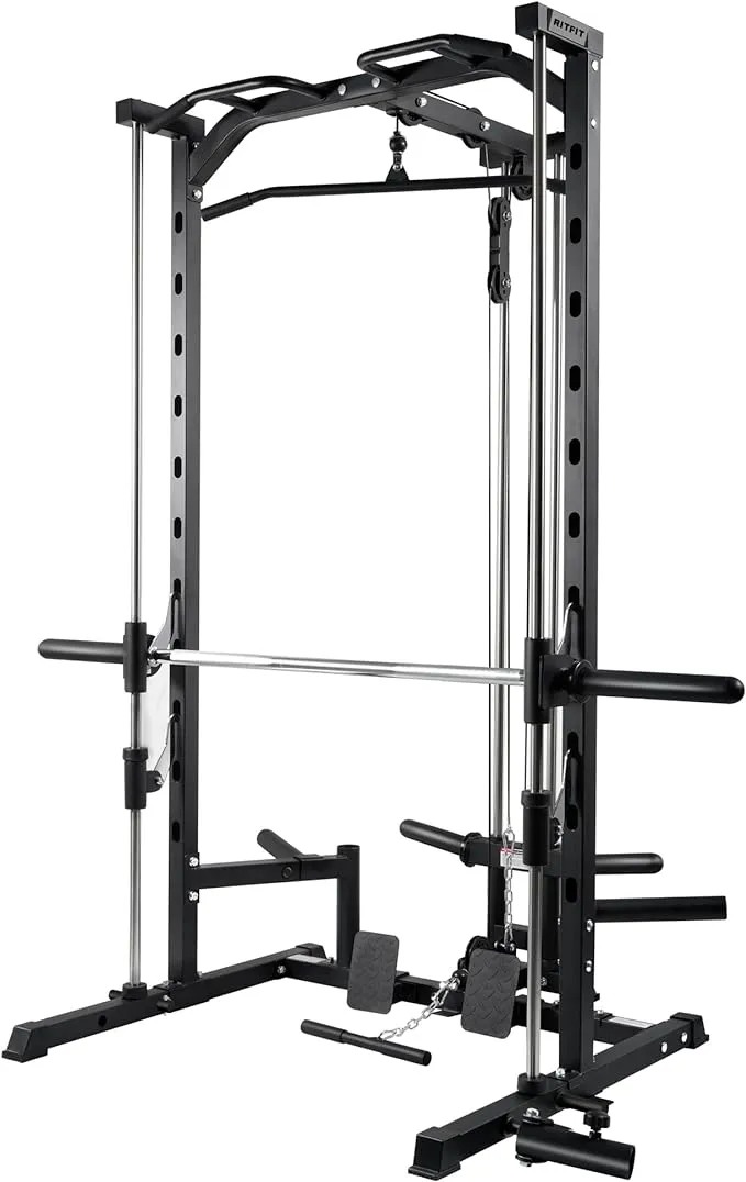 RitFit Smith Machine Power Rack with LAT-Pull Down System, Landmine, Barbell Bar, Plate Storage Pegs Black