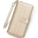 Foxer Women Leather Wallet Long Clutch Wallet Ladies Bifold Wallet with Wristlet, Gold