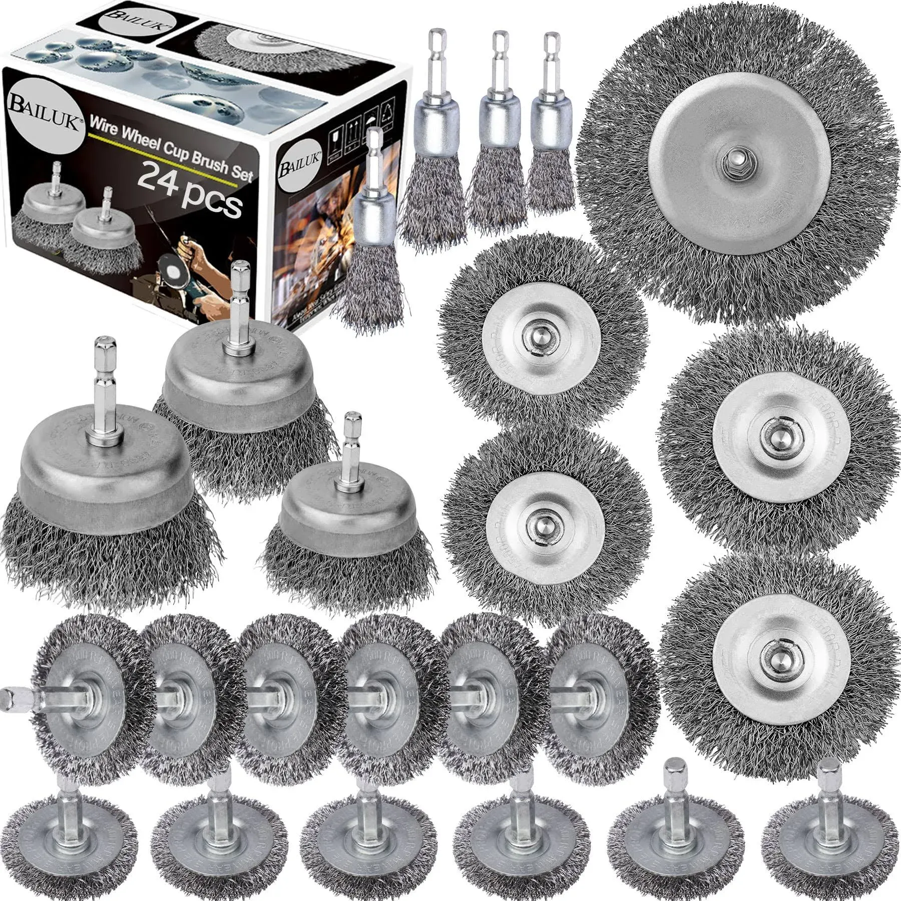 Wire Wheel Cup Brush Set,0.012-Inch Coarse Crimped Carbon Steel,Die Grinder Wire Brush for Drill,1/4In Hex Shank,Wire Drill Brush Set (24 Pack)