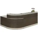 Esquire Modern Reception Desk 79"W x 63"D White Laminate/Silver Laminate Front Desk Kickplate and Accents/Checkout Counter Glass Top