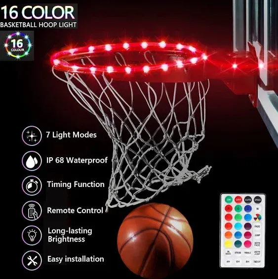 LED Basketball Hoop Light, Waterproof Super Bright Basketball Rim Lights,Remote Control 16 Colors and 7 Lighting Flicker Change, for Night Outdoor Basketball Games and Christmas Giftss