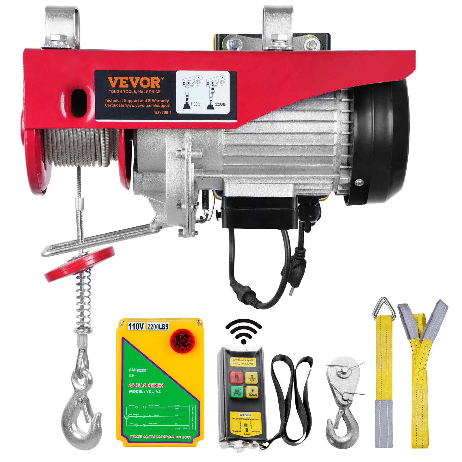 VEVOR Electric Hoist 2200lbs Crane Winch with 328ft Wireless Remote Control 110V