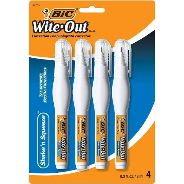 BIC Wite-Out Shake 'n Squeeze Correction Pen, 8 ml, White, 4 Count (WOSQPP418), 3 Pack