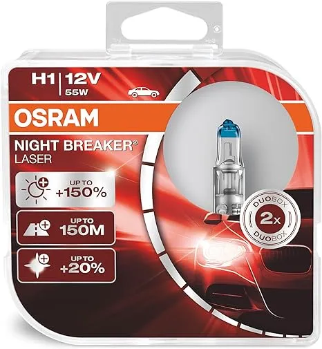 OSRAM NIGHT BREAKER LASER H1, next generation, 150% more brightness, halogen headlamp, 64150NL-HCB, 12V, passenger car, duo box (2 lamps)