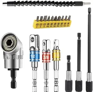 Flexible Drill Bit Extension, Includes 105° Right Angle Drill, Bendable, 3pcs 1/4 3/8 1/2" Universal Socket Adapter Set, 3pcs Drill Bit Holder,