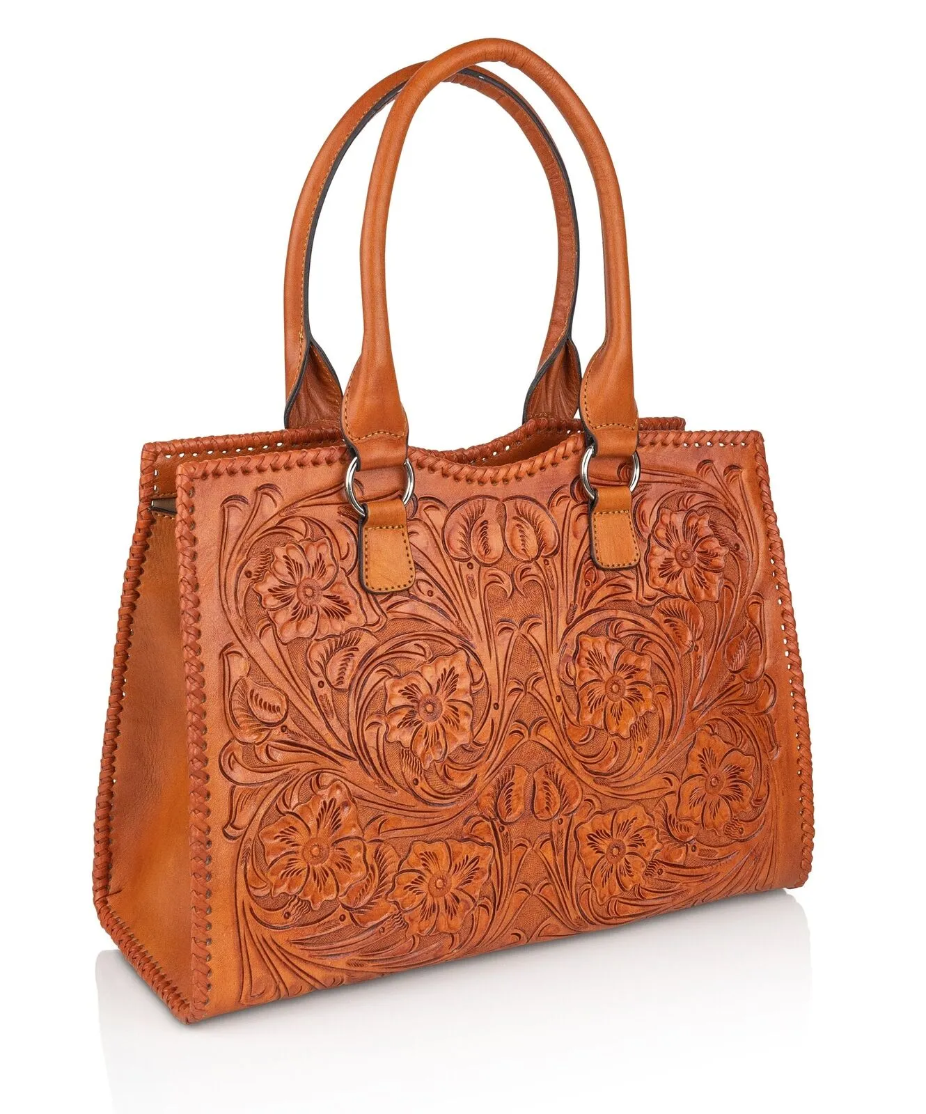 Mauzari Carlotta Women&#039;s Extra Large Tooled Leather Shoulder Bag Tote (Chestnut)