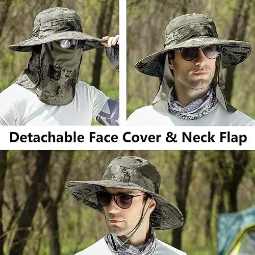 UPF 50+ Sun Fishing Hat for Men Women Wide Brim Hat with Detachable Face Cover & Neck Flap