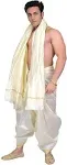 Cream Dhoti and Angavastram with Golden Woven Border, Self Draped - Art Silk