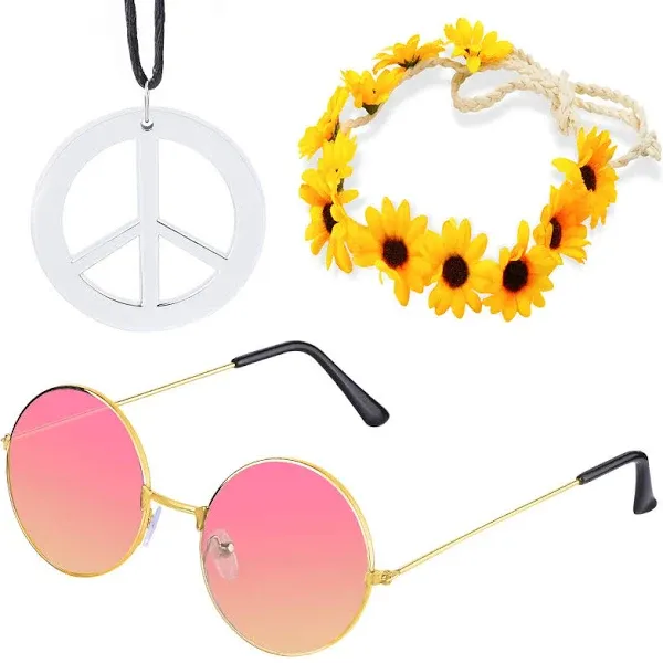 Beelittle Hippie Costume Set - 60's Style Retro Vintage Glasses Peace Sign Necklace Sunflower Crown Hair Band 60s Hippie Dressing Accessory Set (A)