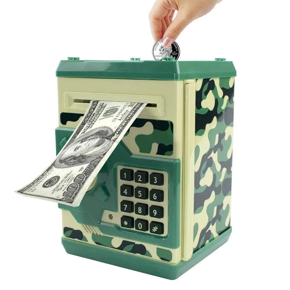 Piggy Bank Electronic Mini ATM for Kids Baby Toy, Auto Scroll Paper Money Safe Coin Banks Saving Box Password Code Lock for Children,Boys Girls Best Birthday Gift (Camouflage Green)