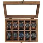 SONGMICS Watch Box, 12-Slot Watch Case, Solid Wood Watch Box Organizer with Glass Lid, Watch Display Case with Removable Pillows, Christmas Gift, Ebony Black UJOW120B01