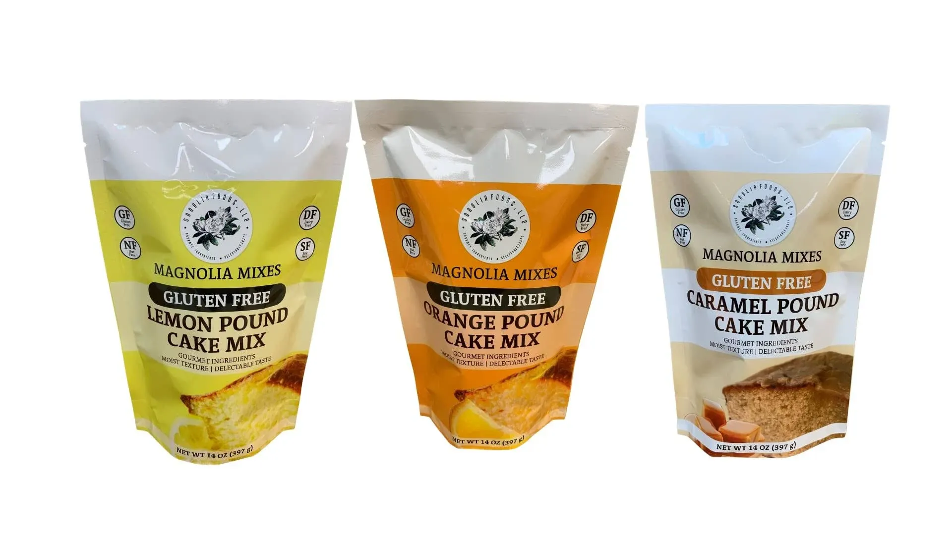 Magnolia Mixes Gluten Free Pound Cake Mix Bundle - Lemon, Orange, and Caramel (3 Pack)