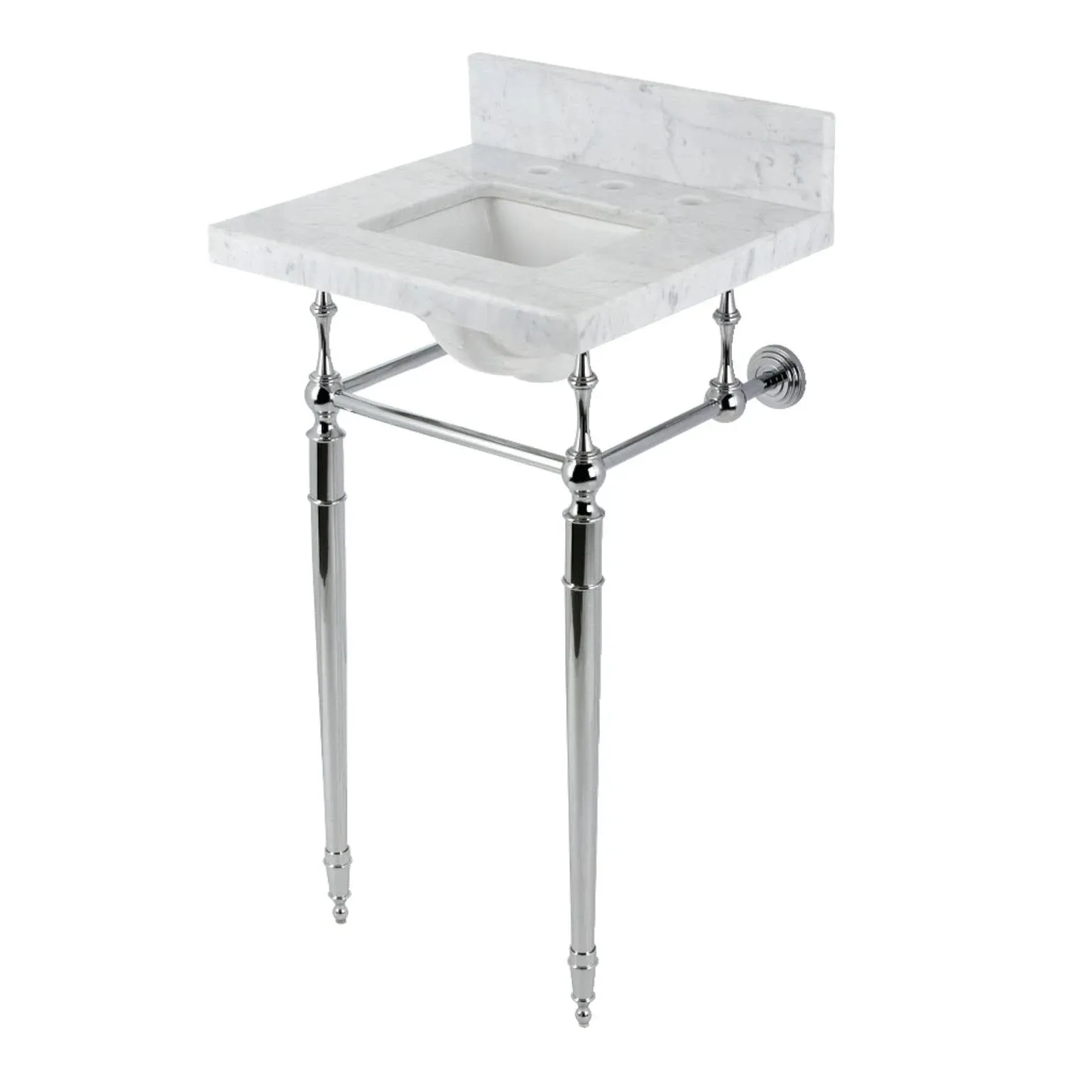 19 Carrara Marble Console Sink with Brass Legs 8 Faucet Drillings, Marble WhitePolished Chrome