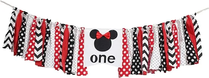 Minnie Mouse Birthday Banner,Black and Red Minnie Bow 1st One Year Birthday Banner High Chair Banner Minnie High Chair Banner 1st Birthday