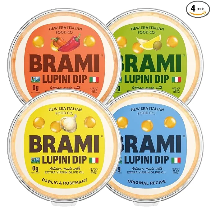 BRAMI Keto Lupini Bean Dip, Spread & Hummus | 0g Sugar, 0g Net Carbs | Keto, Vegan, Vegetarian, Mediterranean, Non-Perishable, Shelf-Stable, Low Carb, Low Calorie | 10oz (Variety, 4 Count)