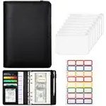 A6 Budget Binder with Cash Envelopes, PU Leather Refillable Notebook Binder, Loose Leaf Organizer Binder Cover, Money Organizer for Cash with Elastic Belt Closure (Black)