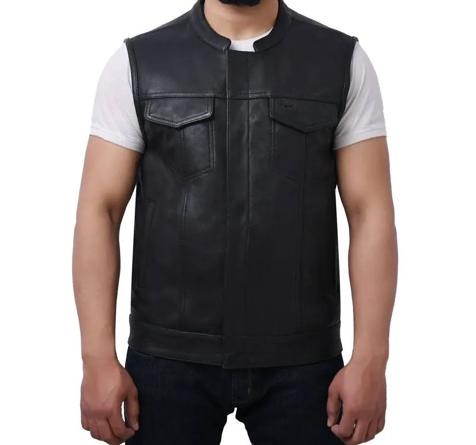 Sharp Shooter - Men's Motorcycle Leather Vest (Black)