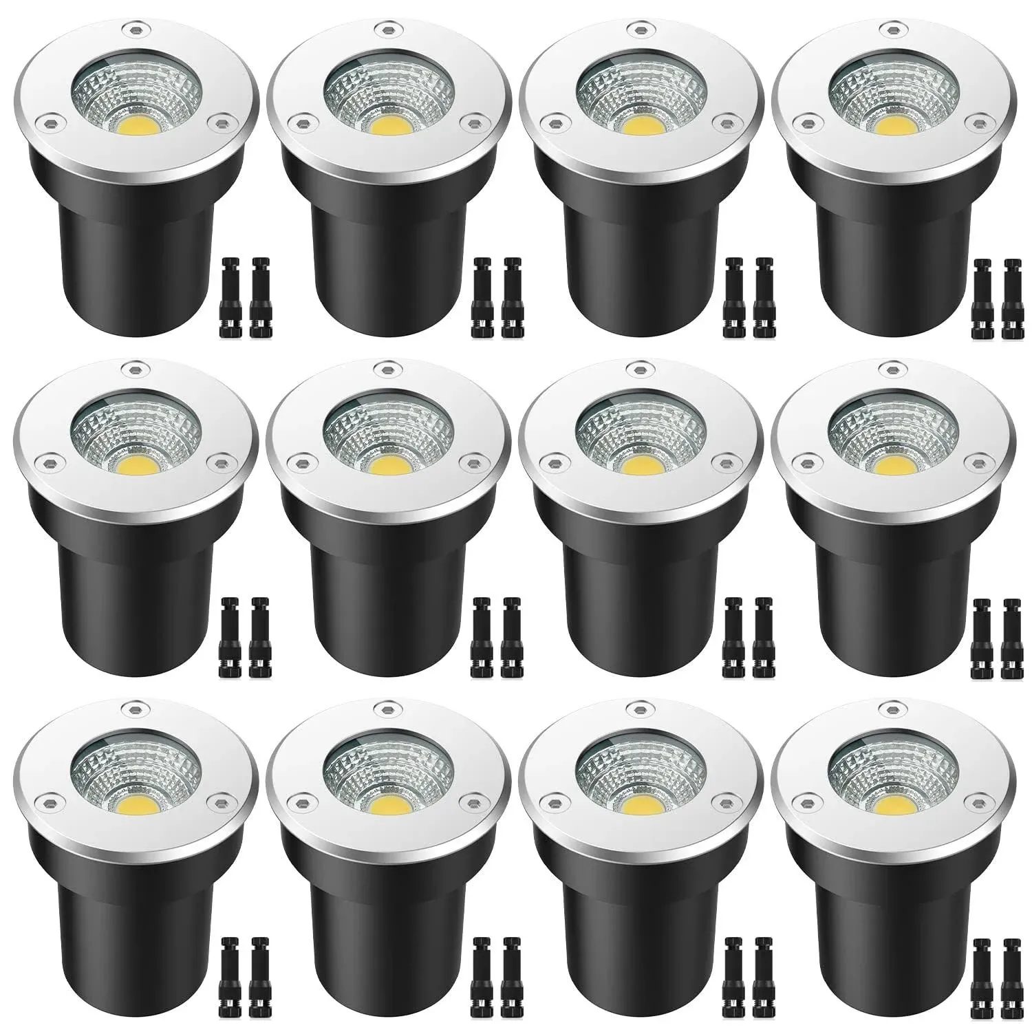 LED Landscape Lights, 12 Pack 7W LED Ground Lights with 24 Connectors Low Voltage In Ground Well Lights Pathway Lights Warm White, Waterproof Landscape Lighting for Driveway, Deck, Step, Garden