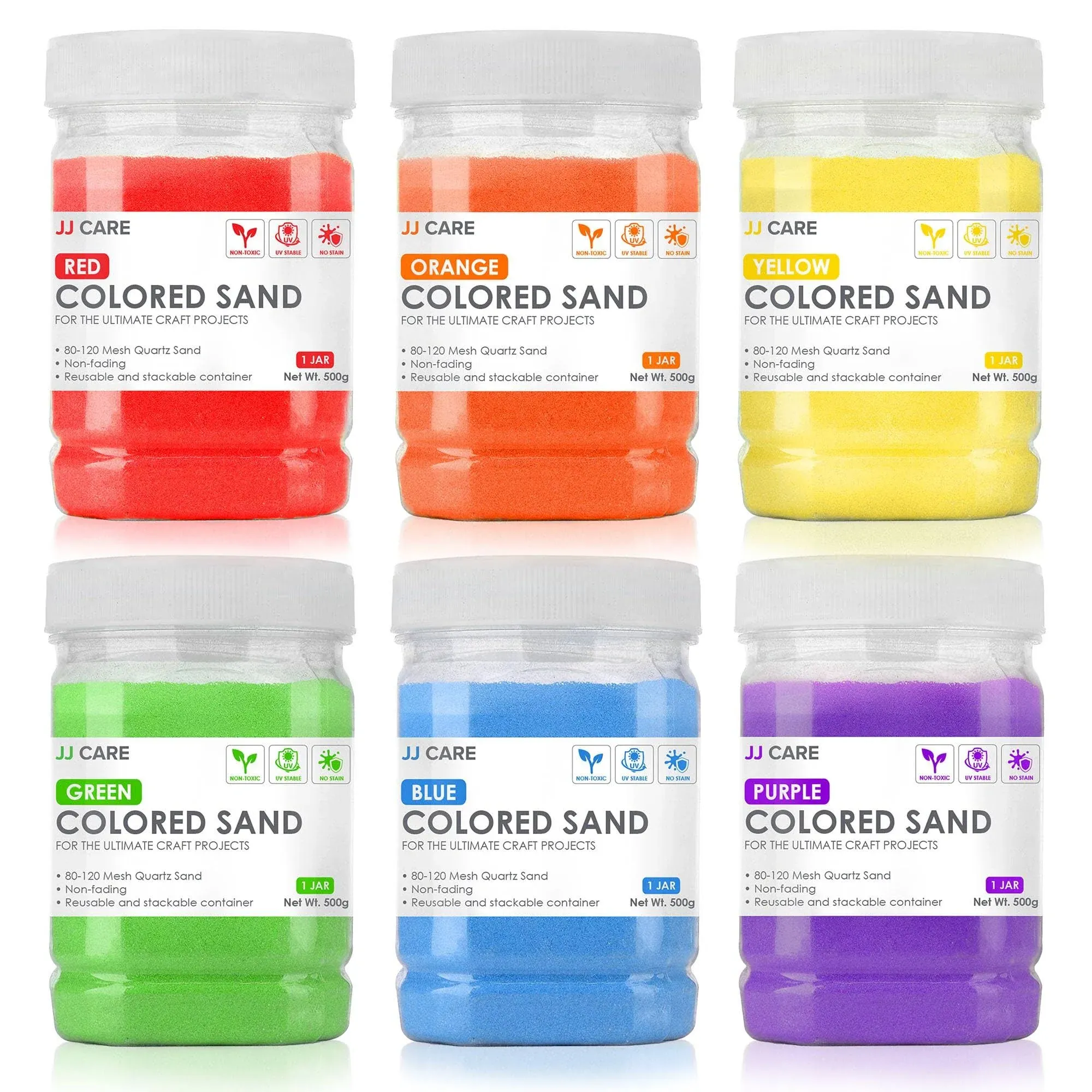 JJ Care Colored Sand, 7.2 lbs. [6 bottles] Craft Sand Art Kit for Kids 3 Years Above, Non-Toxic Color Sand Art Bulk, UV Stable Colorful Sand for