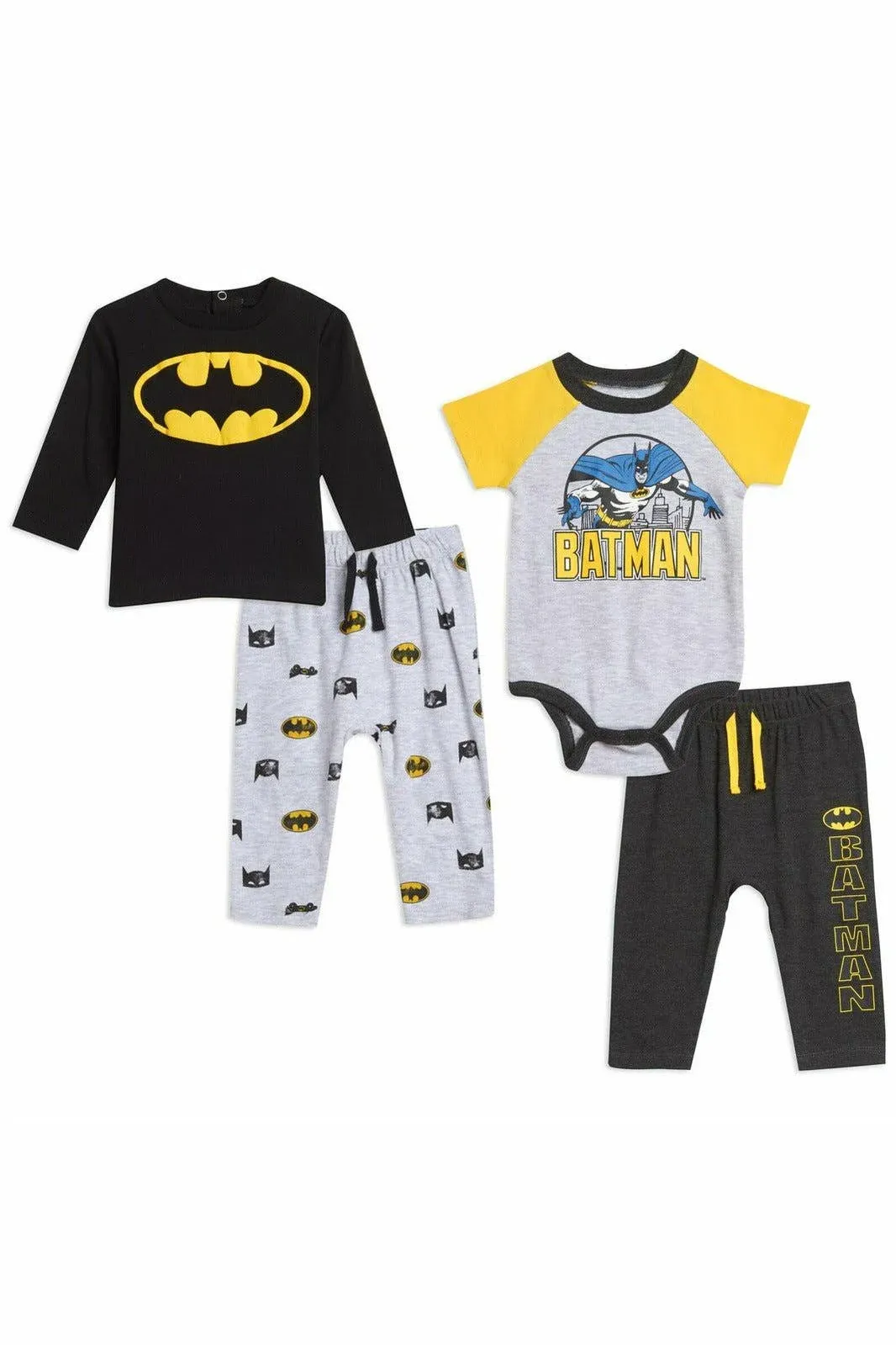 DC Comics Justice League Batman Baby Boys Bodysuit Pullover T-Shirt Pants 4 Piece Layette Set