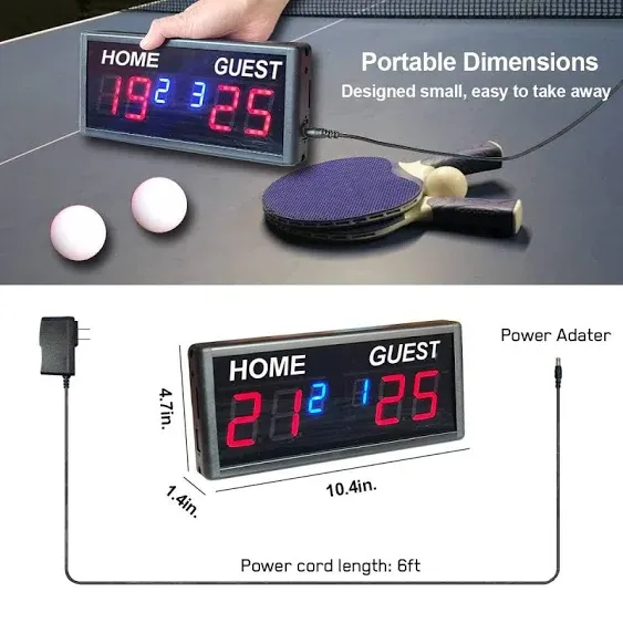 Indoor Score Keeper, Electronic Ping Pong Scoreboard with Wireless Remote Control, 6 Digits Score Unit with Round Scores 0-99 in Red and Match Scores 0-9 in Blue, Tabletop & Wall Mount