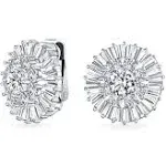 Wedding CZ Baguette Pave Round Clip On Earrings Ears Silver Plated