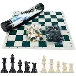 Tournament Chess Set: Portable and Professional Set with Travel Portable Plastic Tube Roll. Plastic Staunton Chess Pieces, Foldable Vinyl Chess Board.(Green, 13X13IN)