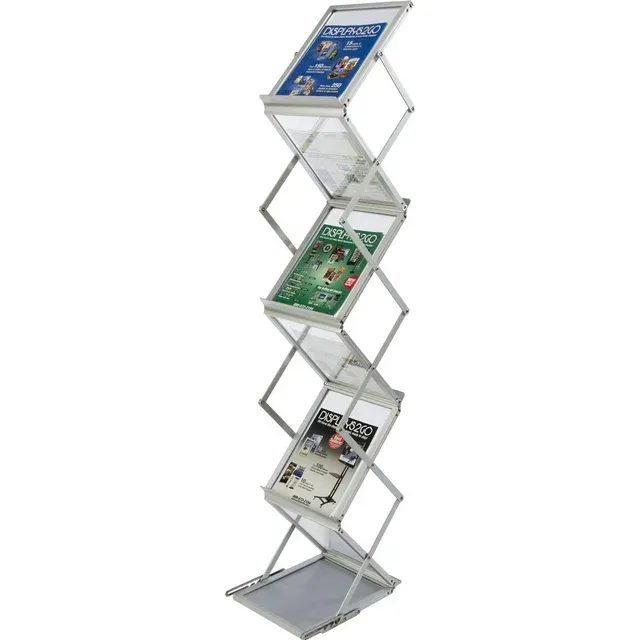 Displays2go 5 Pocket Catalog Rack for Floor with Carrying Case, Adjust to 44.5 inch, 53 inch, and 58.5 inch Tall - Silver (litg7a)