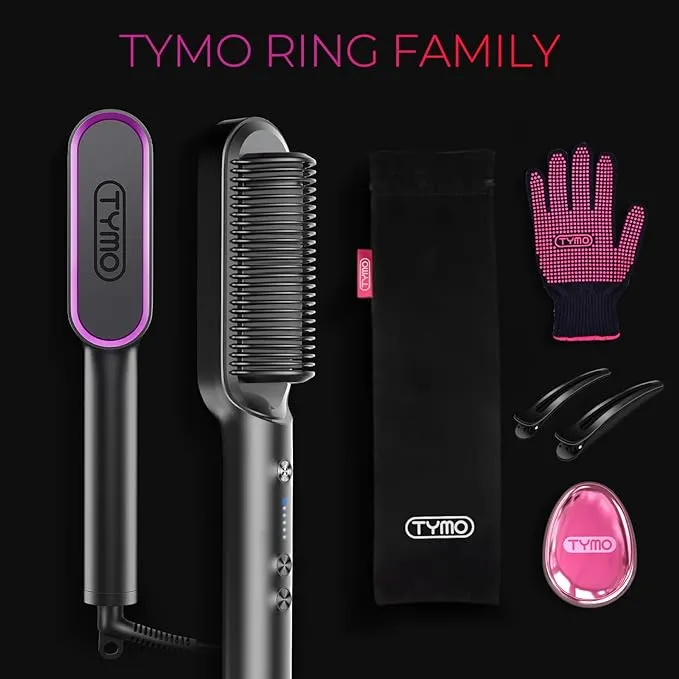 TYMO RING Hair Straightener Brush Black – Hair Straightening Iron with Built-in Comb, 20s Fast Heating & 5 Temp Settings & Anti-Scald