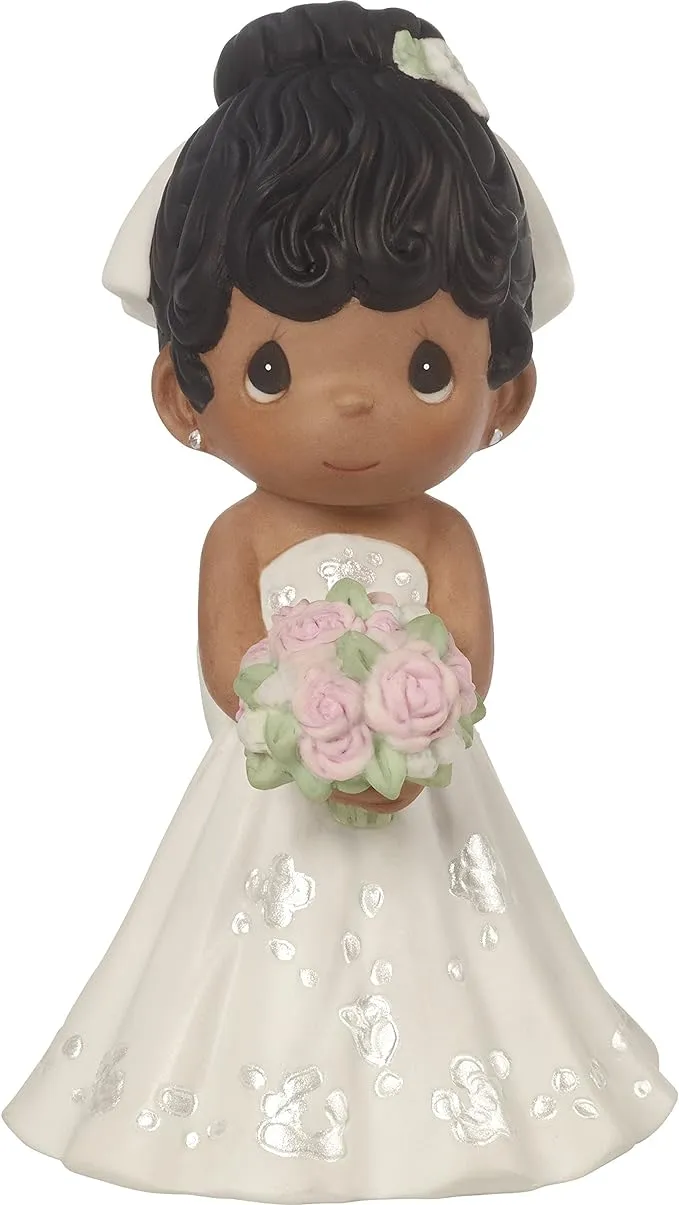 5 in. Figurine Bride Wedding Cake Topper with Black Hair Dark Skin Tone, Bisque Porcelain