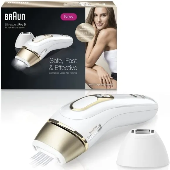 Braun IPL Long-Lasting Hair Removal for Women and Men, Silk Expert Pro 5 PL5137 with Venus Swirl Razor, Long-lasting Reduction in Hair Regrowth for Body & Face, Corded