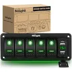 Nilight 5 Gang Rocker Switch Panel Green Backlit with 4.8 Amp Dual USB Charger Voltmeter Waterproof 12V 24V DC Rocker Switch with Night Glow Stickers for Car Trucks Boats RVs