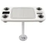 Manufacturers' Select ITC Boat Table Set - 18"x34" Removable Pontoon Boat Table with Center Non-Slip Mat, Pedestal Leg, 4 Drink Holders, & 2 Phone Stands (Glossy White, Silver Leg, Titanium Grey Mat)